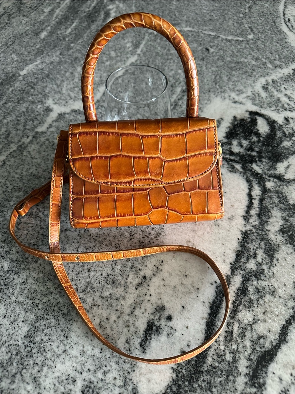 By far bag. Croc-Embossed Tan Top-Handle Crossbody Bag